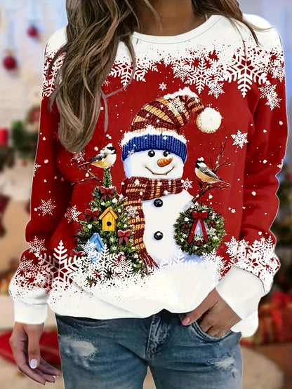 Women'S Christmas Sweater - Red & White Holiday Sweater with Snowman, Cozy Fall/Winter Pullover for Christmas Party, Family Gathering, Everyday Winter Outfits - Elegant Holiday Sweater for Women, Christmas Clothes, Festive Pa