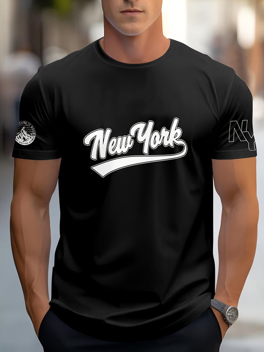 1pc Men's Summer Breathable Quick-Dry T-Shirt - 100% Polyester Moisture-Wicking, Casual Short Sleeve Round Neck Tee with New York Graphic Print for Outdoor Sports  Casual Attire