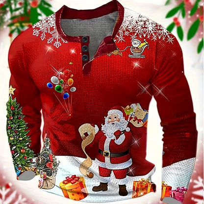 Men'S Red & Waffle Christmas Sweater with Santa Claus & Snowflake Print - Long Sleeve V-Neck Button-Front Casual Holiday Party Shirt, Christmas Sweater, Seasonal Clothing, Comfortable Fit, Festive Clothing, Warm Material