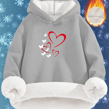 Women'S Cozy Fleece-Lined Hoodie with Heart & Butterfly Print - Long Sleeve, Warm Pullover for Fall & Winter, Machine Washable, Soft, Casual Outdoor Wear, & Camping, All-Season Comfort, Casual Winter Wear | Cozy Hoodie | Soft