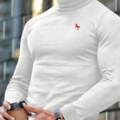 Men'S High-Neck Knitted Sweater | Slim Fit Pullover with Embroidered Spurs Design, Soft and Comfortable, Rayon Fabric, Fall/Winter Collection