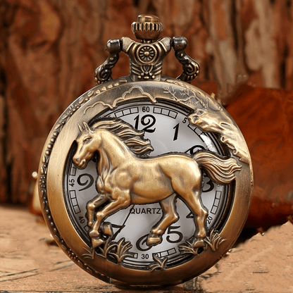 Retro Hollow Horse Quartz Pocket Watch Necklace, Animal Pendant Chain Souvenir Birthday Gift