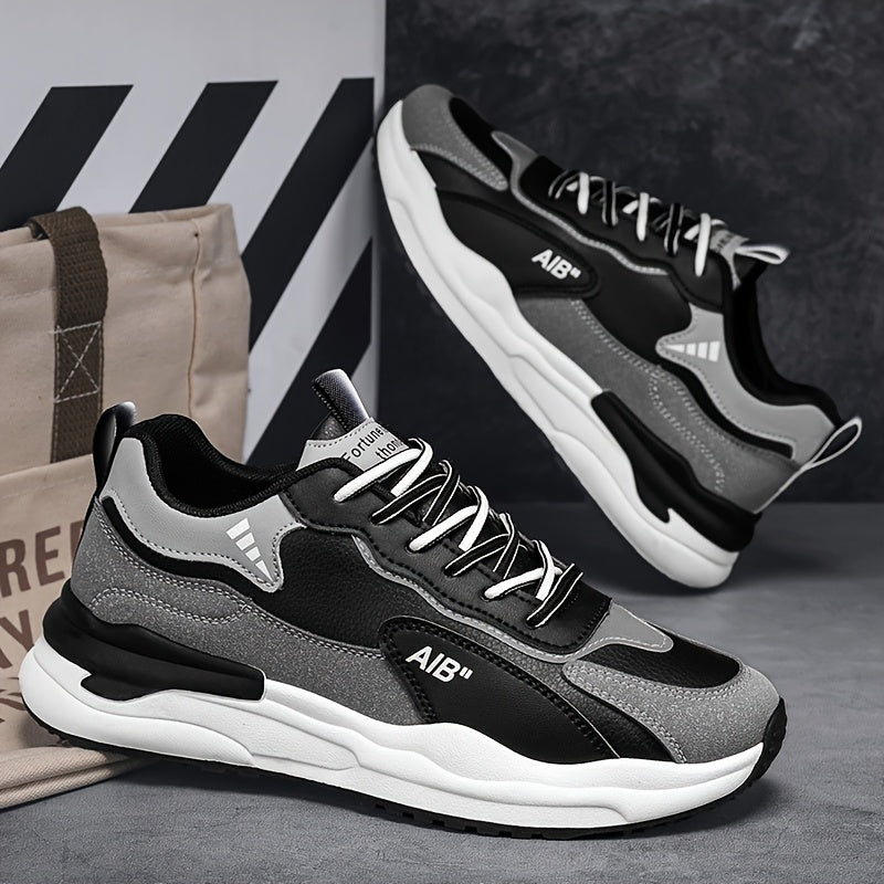 Men'S Fashion Sneakers, Casual Sports Shoes, All-Season Lace-Up Low Top, PU Upper, Fabric Lining, Rubber Sole, EVA Insole, Round Toe, with Trendy Thick Sole for Hiking, Outdoor, Daily Wear