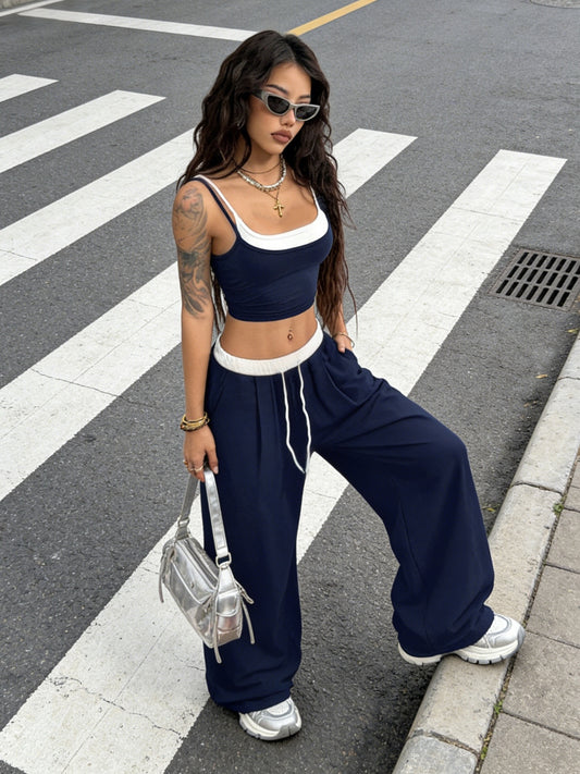 Women's Color Block Casual Tank Top & Wide-Leg Pants Set