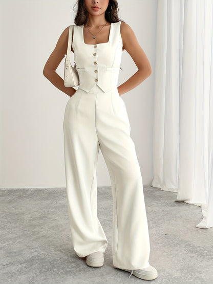 Two-Piece Women's Square Neck Sleeveless Button-Up Blouse and Loose Wide-Leg Pants Set