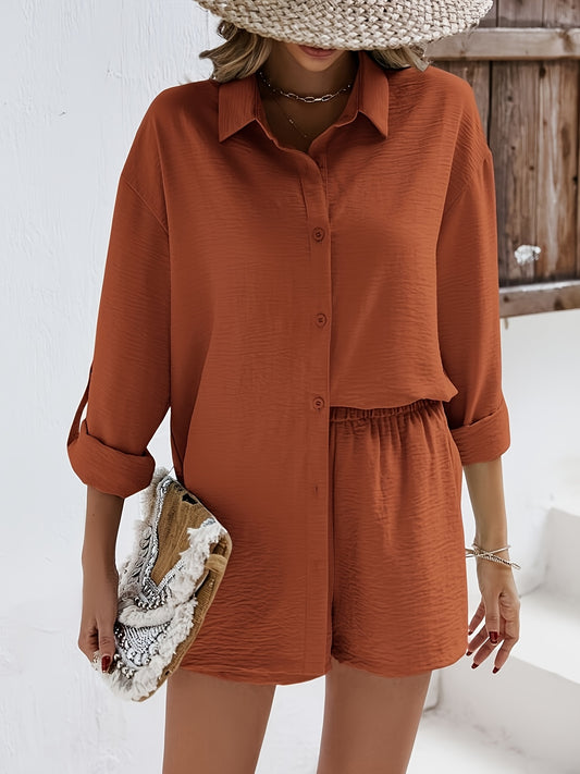 Women's Casual Summer Long Sleeve Shirt & Elastic Waist Shorts Set