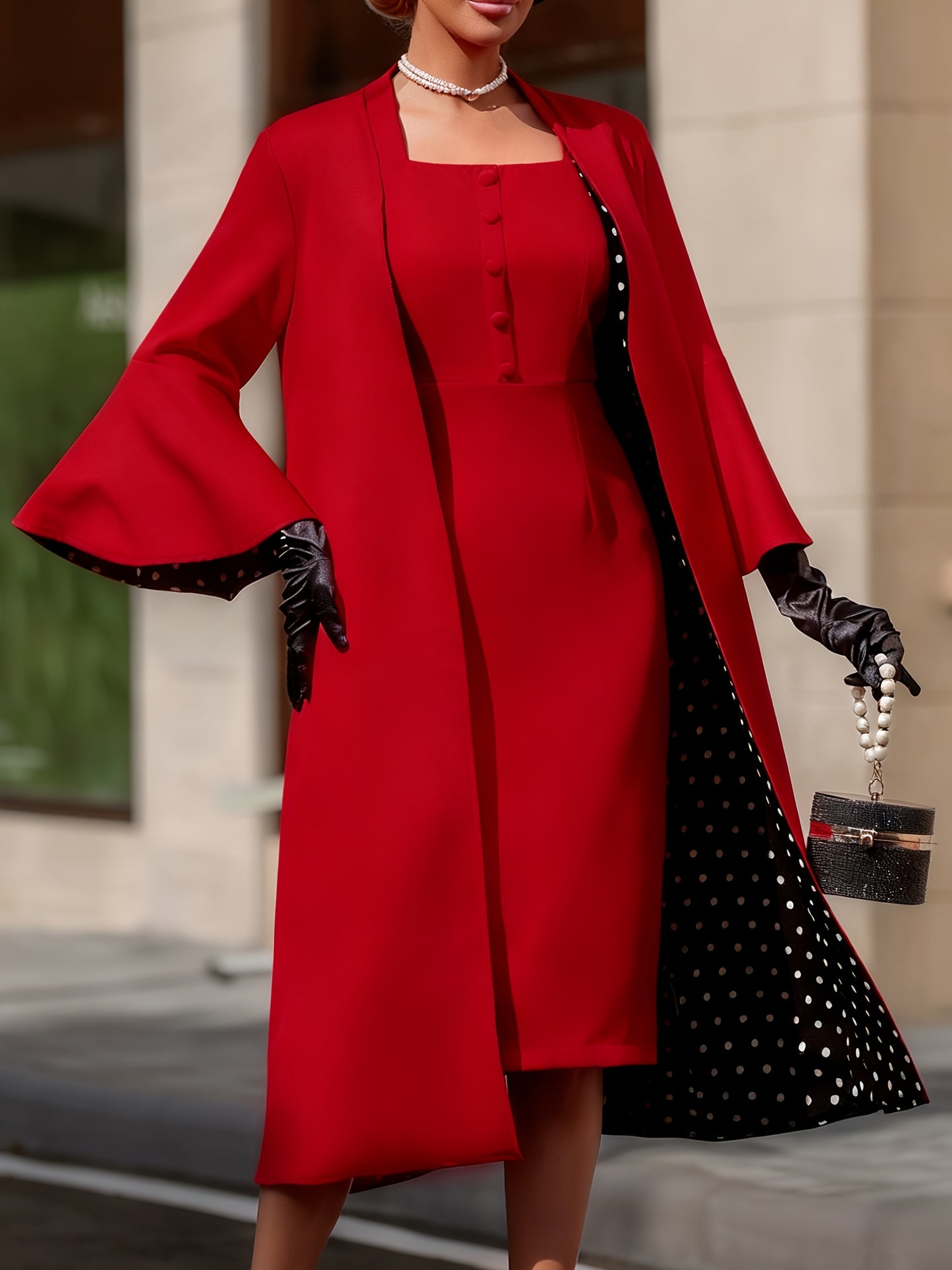 Women's Vintage Red Dress Set, Polka Dot Spliced Flared Sleeve Outfit, Square Neckline Waist-Cinching Dress + Trench Coat Two-Piece Set, Vintage Red Square Neckline Dress with Polka Dot Spliced Outerwear, Elegant New Year Par