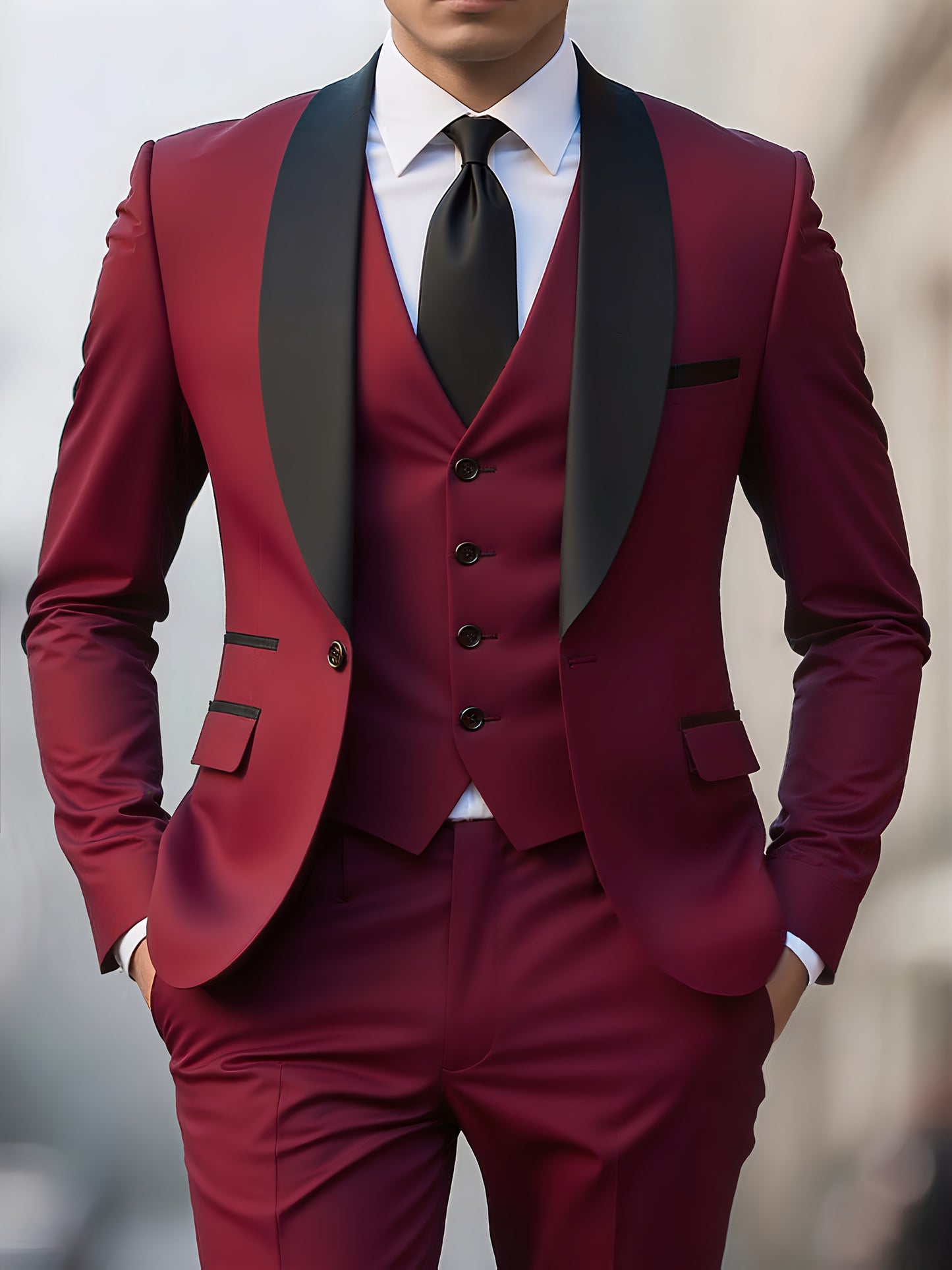 Men's 3-Piece Polyester Suit with Vest and Pants, Formal Workwear