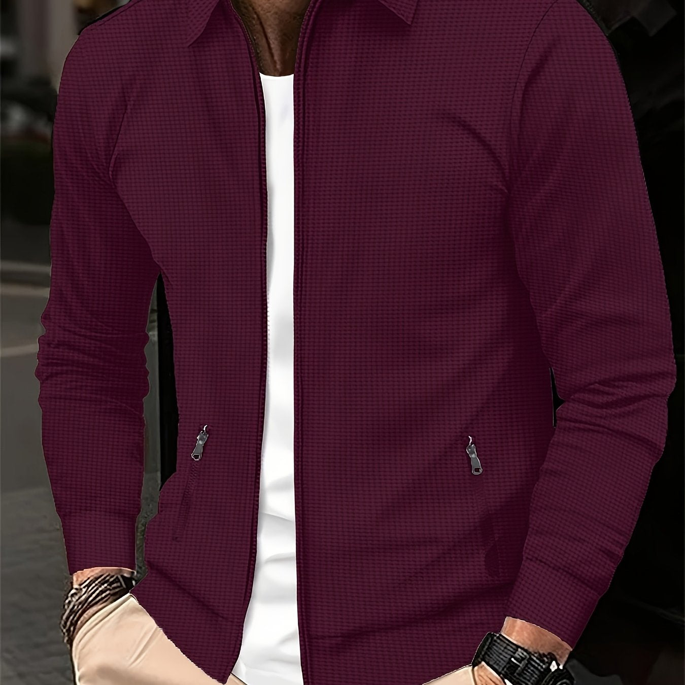 Men'S Solid Color Waffle Texture Zipper Jacket - Full-Zip Casual Coat with Full-Zip Closure, Long Sleeve Lapel Collar, /Navy Brown/