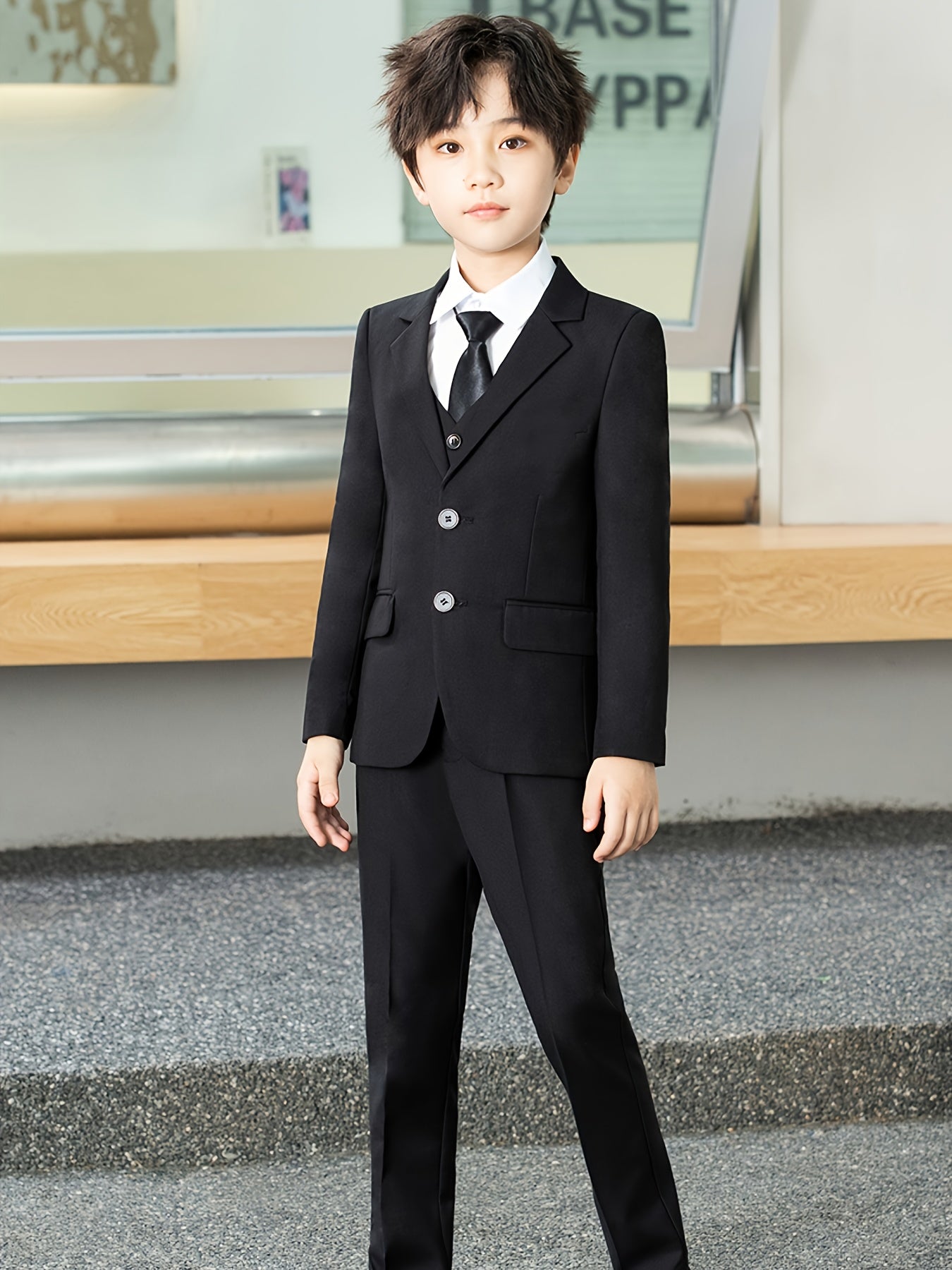Boys' 4-Piece Suit Set: Jacket, Vest, Pants & Tie, British Style
