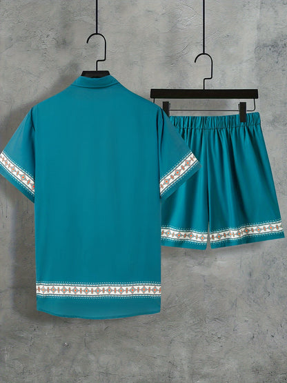 Men'S Two-Piece Set Consisting of a Casual Short-Sleeve Button-Up Shirt And Drawstring Pants, Perfect for Summer Wear.