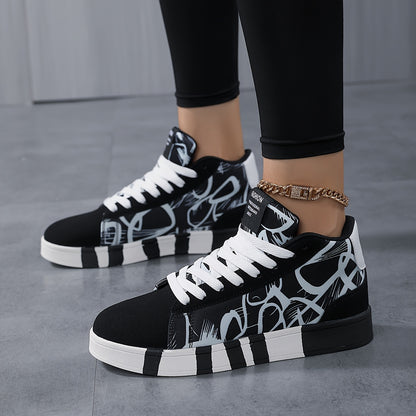 Women'S High-Top Casual Skate Shoes, Black and White Graffiti Design, Lightweight Fabric Lining, All-Season Rubber Sole Sneakers for Outdoor Sports and Hiking, Skate Shoes
