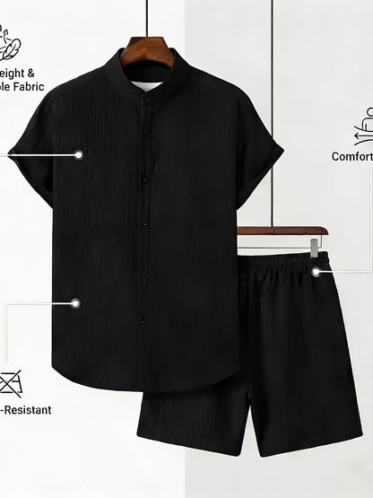Men's Casual Summer 2-Piece Set: Stand Collar Shirt & Shorts