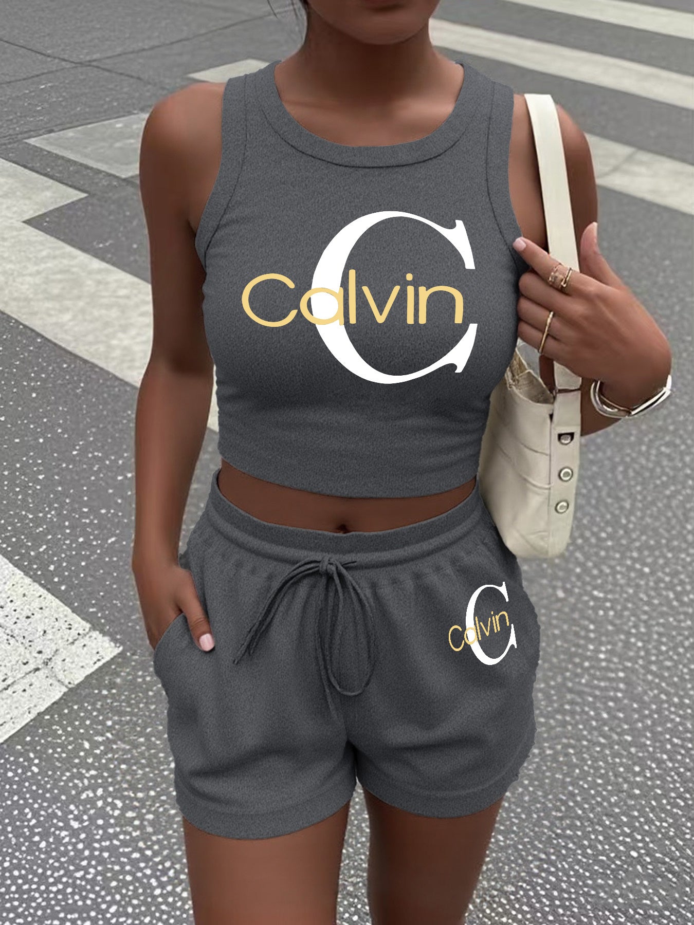 Women's Casual Two-Piece Set with Graphic Print Vest & Shorts