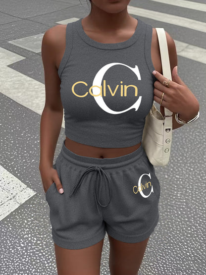 Women's Casual Two-Piece Set with Graphic Print Vest & Shorts