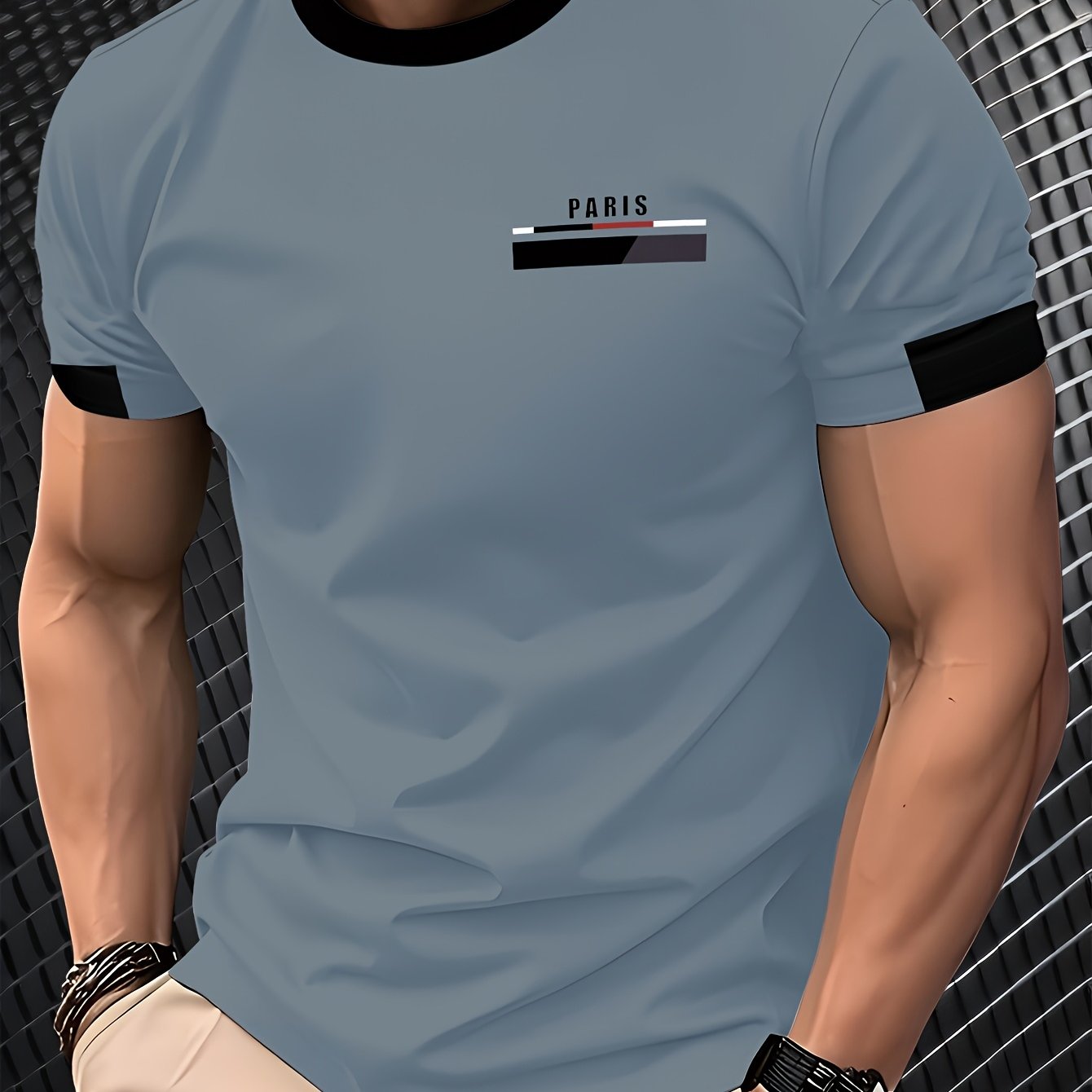 Men'S Paris Graphic T-Shirt - Green Polyester Crew Neck Tee with White Stripes  Print - Casual Sporty Knit Top for Casual Attire, Breathable Fabric