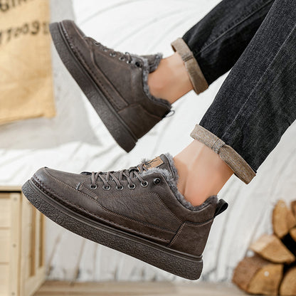 Men's Winter Warm PU -Like Hiking Sneakers with Plush -Like, EVA Cushioned Sole & Rubber Traction Tread - Low-Top Lace-Up Outdoor Shoes for Ice, Snow, Casual Wear (Black/Brown) - Cold Weather