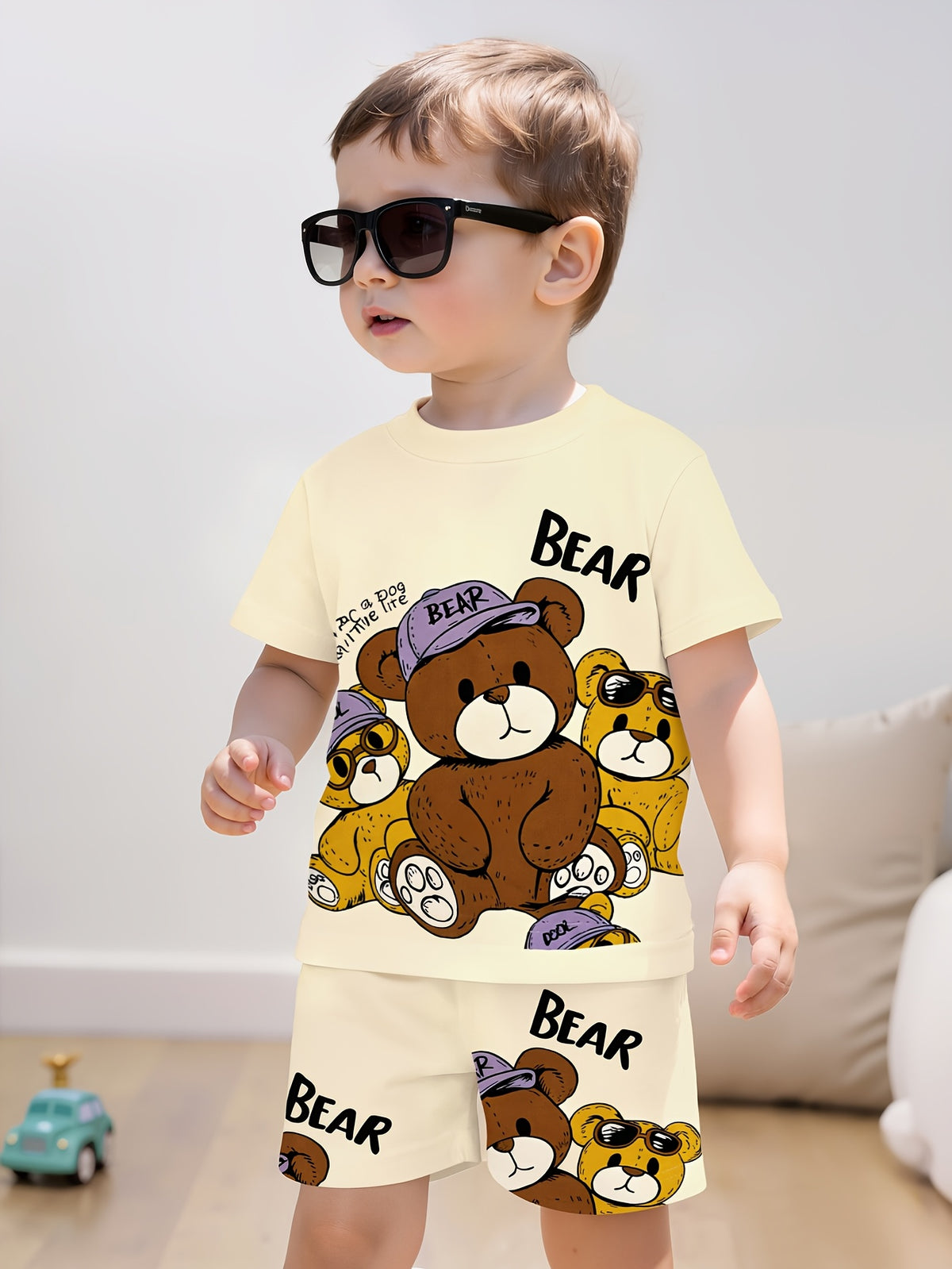 Boys' Cute Cartoon Teddy Bear Print Shorts and Pullover Set - ayq