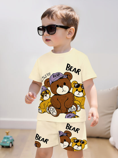Boys' Cute Cartoon Teddy Bear Print Shorts and Pullover Set - ayq