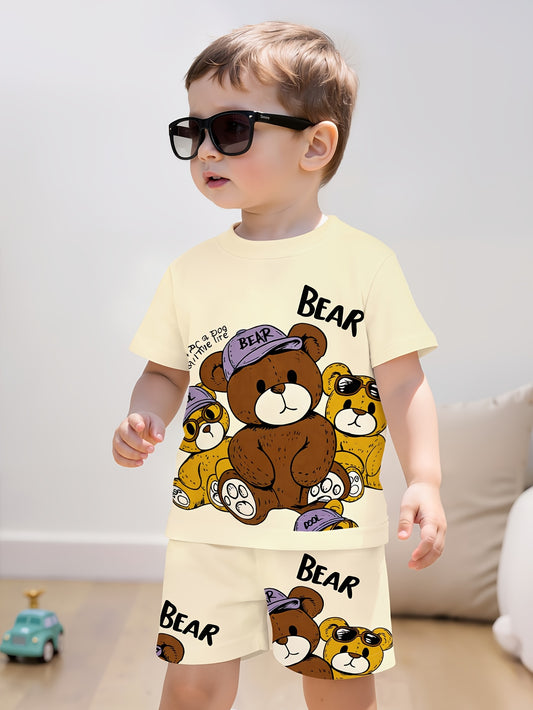 Boys' Cute Cartoon Teddy Bear Print Shorts and Pullover Set