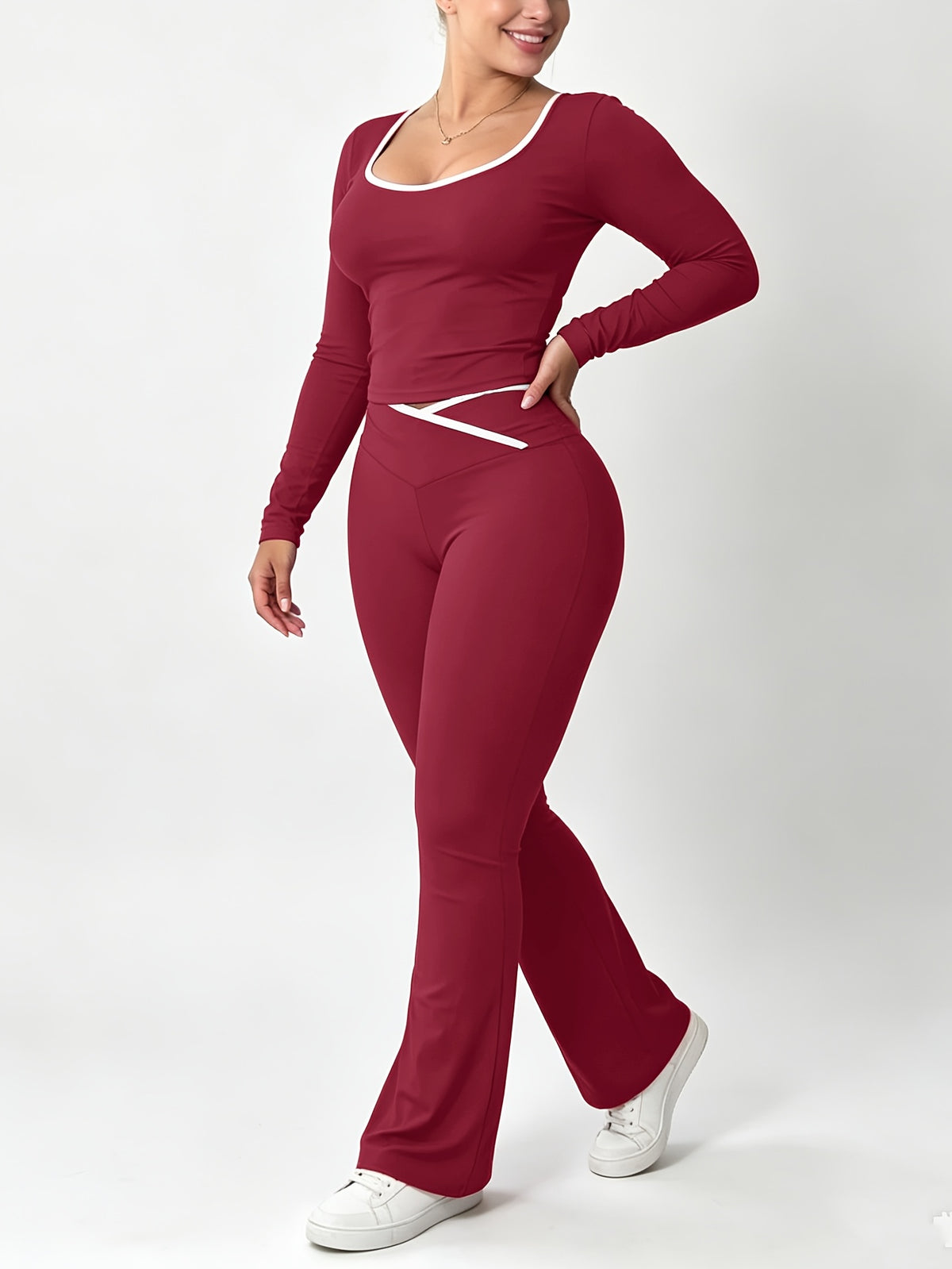 Slim Fit Cross Waist Color Block Crop Pants Set for Fall/Winter - ayq