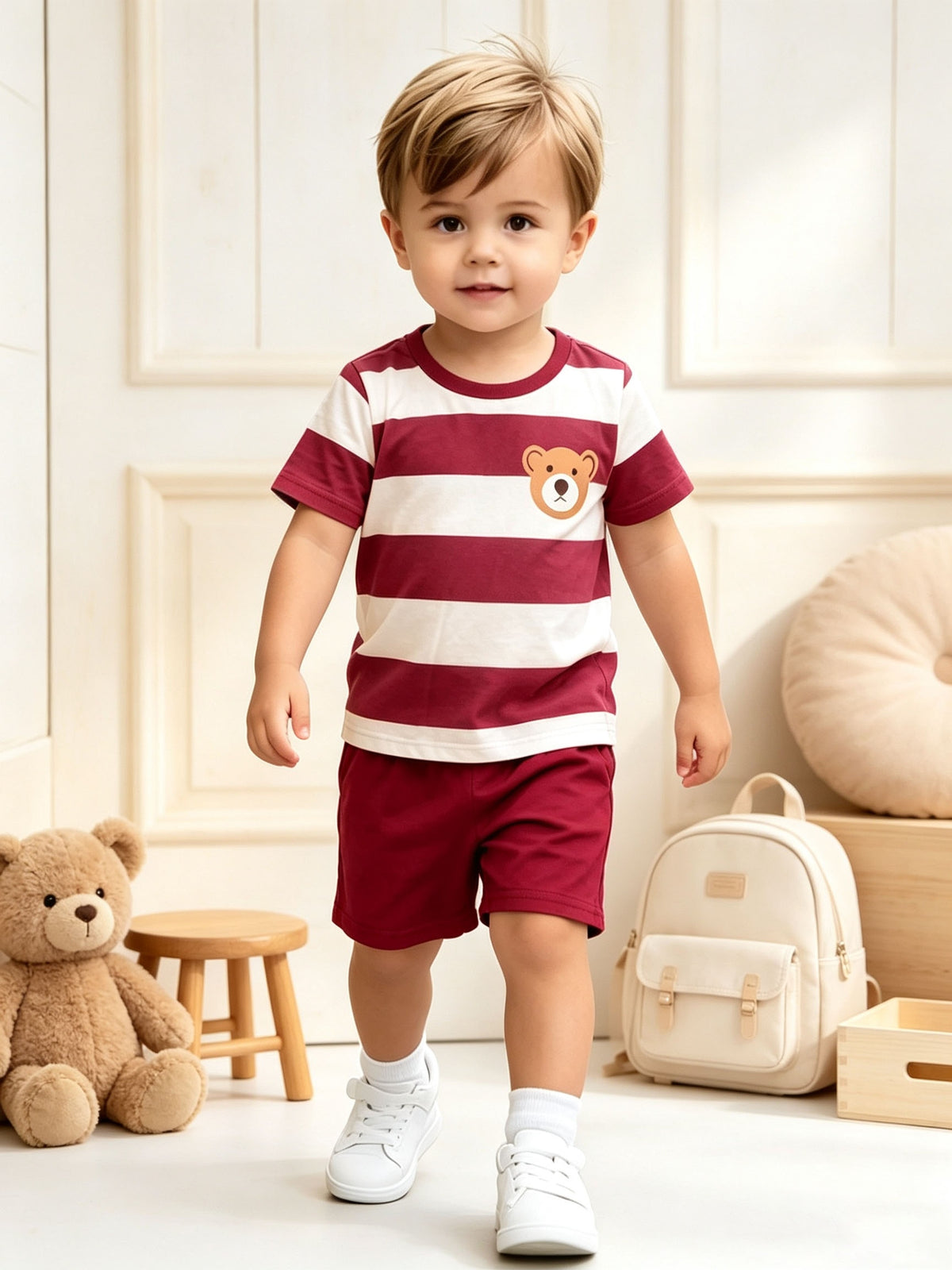 Boys Summer Casual Blue White Stripe Short Sleeve T-Shirt & Shorts Set - ayq