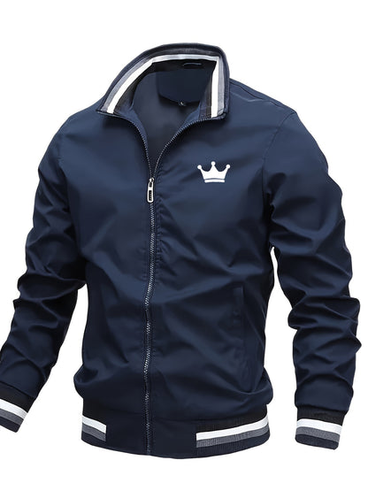 Men's Lightweight Jacket - Mustard-Yellow with Black Print Stripes, Zipper Closure & Structured Fit for Urban Streetwear, Formal Events - Spring/Fall Outerwear Coat, Spring Outerwear, Striped Detail Jacket, Nonstretch Materia