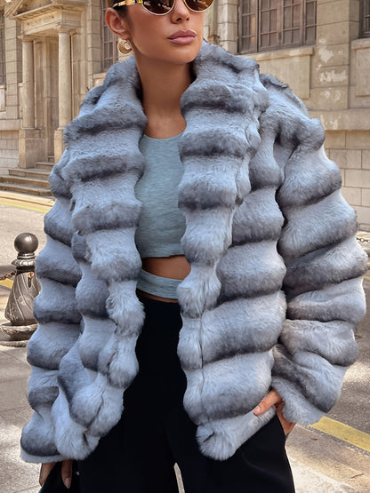 Women'S Faux Fur Coat with Imitation Dragon Cat Pattern - Stylish Gray & White Plush Winter Jacket, Casual Long Sleeve Outerwear for Cold Weather, Cozy Fleece Lined for Comfort