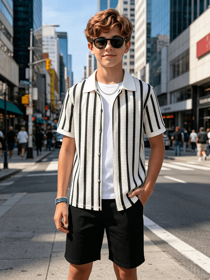 Youth Striped Short-Sleeve Casual Button-Up Shirt for Teens