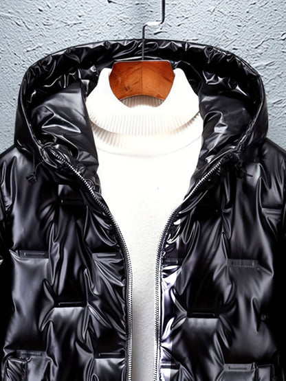 Men'S Winter Coat - Glossy Black Cold Weather Jacket, Non-Stretch Outer Shell, Zippered Pockets & Hooded Design for Formal & Everyday Use - Insulated Outerwear for Everyday & Special Occasions, Winter Jacket, Sleek Appearance