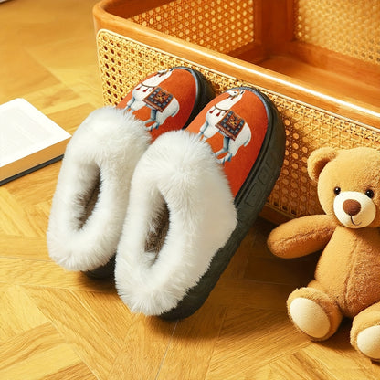 Unisex Winter Print Snow Slippers - Round Toe Warm /Outdoor House with Alp for men & Women, Cozy Sole & Soft Fabric Upper, Ideal Christmas/New Year Gift (Orange Animal Design)