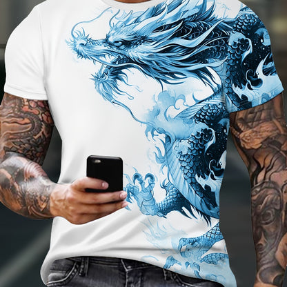 Men's Bold Dragon Graphic Tee - Short Sleeve, Crew Neck, Polyester Blend - Perfect for Summer Outings  Casual Wear