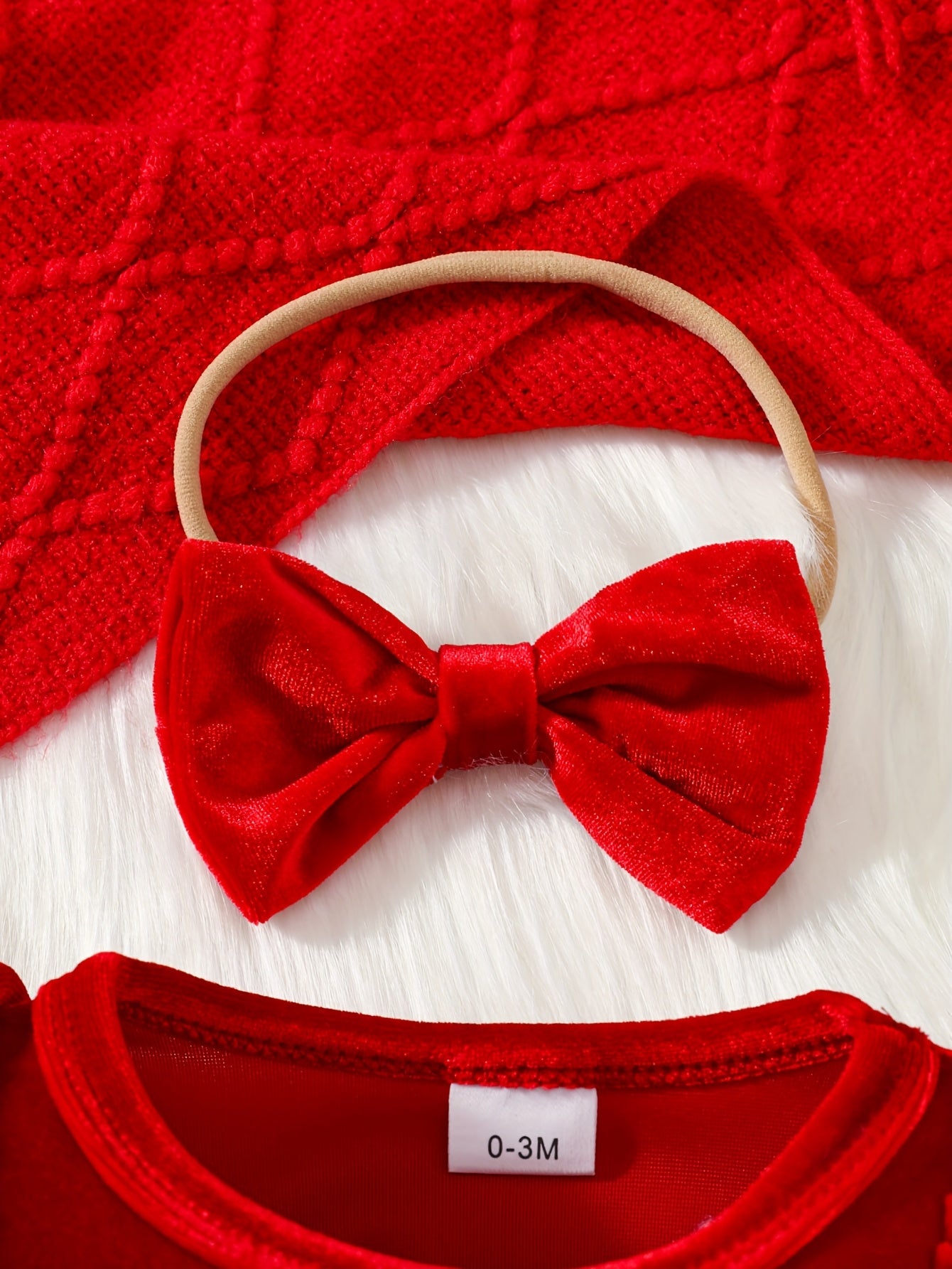 2pcs Golden Velvet Flutter Sleeve Lace Belt Decorated Long Sleeve Bodysuit with Fluffy Skirt + Bow Headscarf Set Autumn and Winter Christmas Cute Party Outfit, for Outdoor