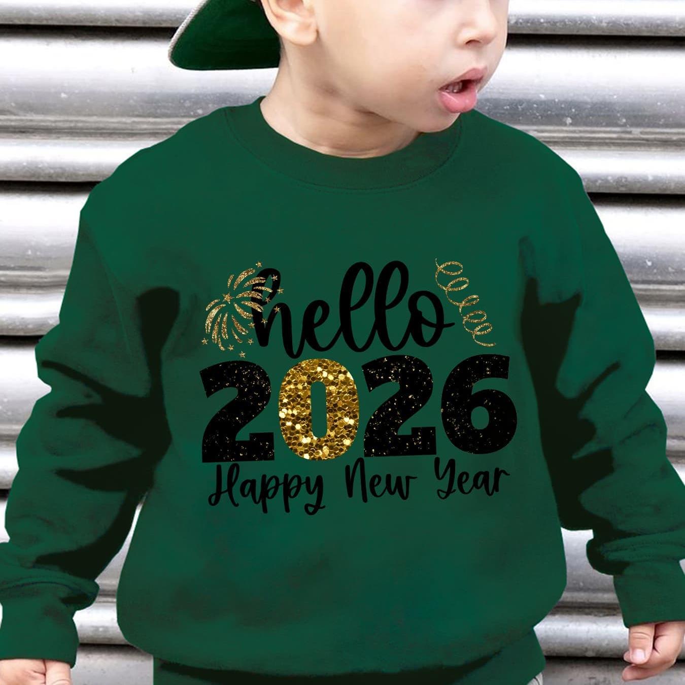 Boys' 2026 New Year'S Eve Party Sweatshirt - Hello 2026 Happy New Year Fireworks Print, Loose Fit Long Sleeve Pullover with Golden Glitter Lettering, Casual Winter Warmth For Boys, New Year Sweatshirt, Festive Clothing, Playf