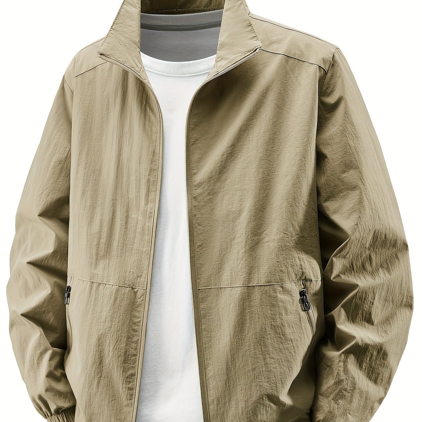 Men'S Olive Green Bomber Jacket with Stand Collar - Casual, Comfortable, Zip-Up Outerwear for Outdoor Activities, Casual Attire|Stand Collar Jacket|Zippered Jacket