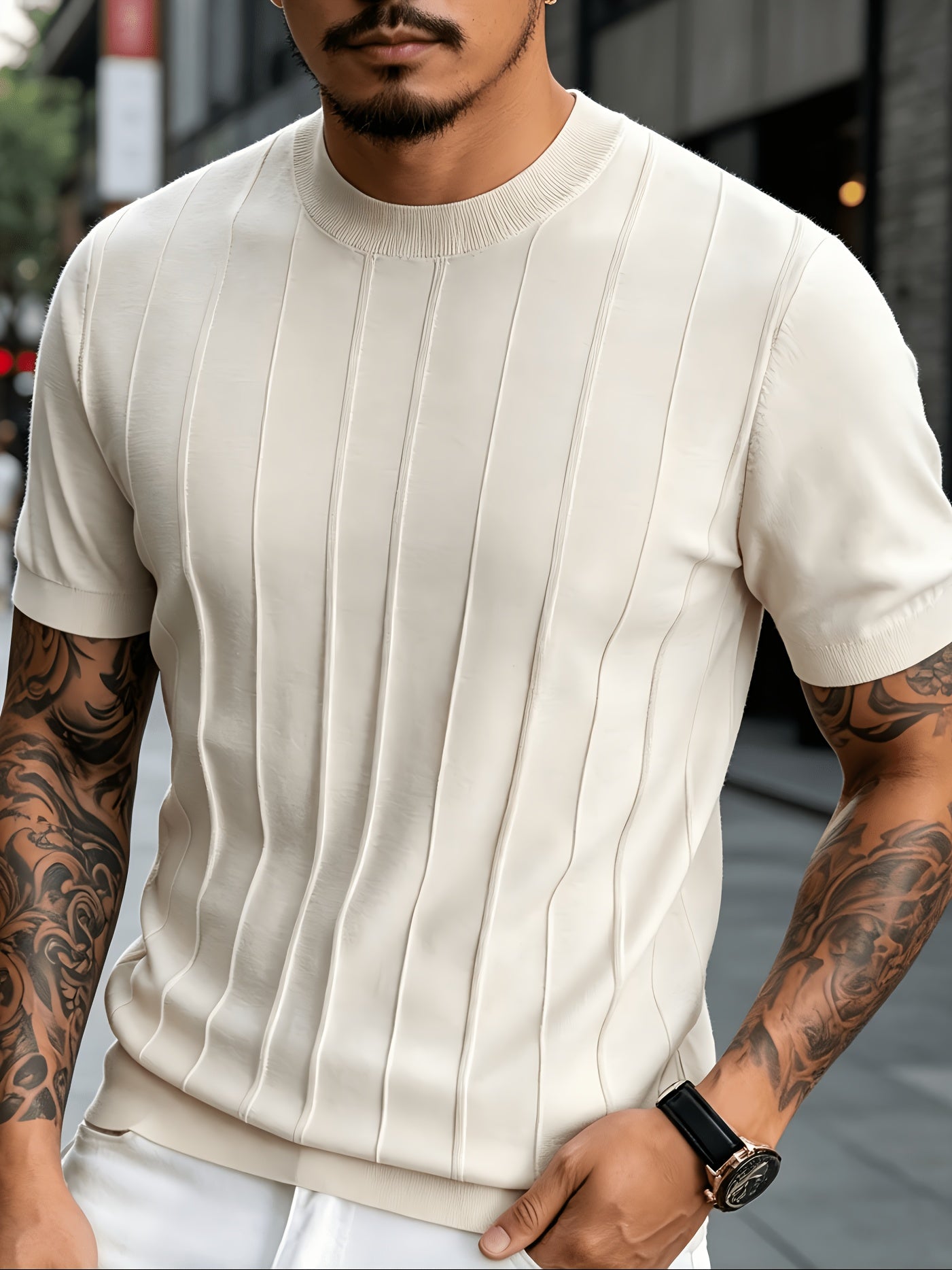 Men's Summer Slim Fit Rib Knit Crew Neck Short Sleeve Top