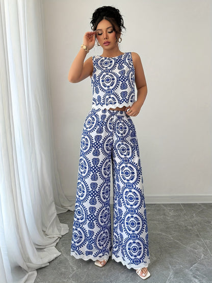 2pcs Women's Plant Pattern Round Neck Sleeveless Top and Pants Set
