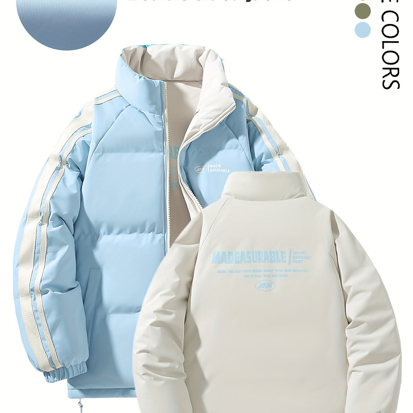 Men'S Double-Sided Winter Jacket - Thickened Stand Collar, Zip-Up Casual Long Sleeve Coat with "MADEASURABLE" & "I CONUT" Branding, Black & White, Regular Fit for Autumn & Winter, Autumn Outerwear, Bold Lettering, Durable Fab