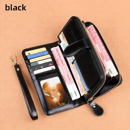Two-Layer Cowhide Leather Clutch Wallet for Men & Women, Casual Large Capacity RFID Blocking Zippered Hand Purse with Transparent ID Slot and Anti-Theft Brush, Versatile for Going Out