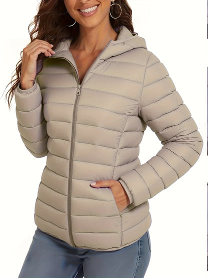 Lightweight Women's Hooded Zipper Padded Coat with Retractable Cuffs