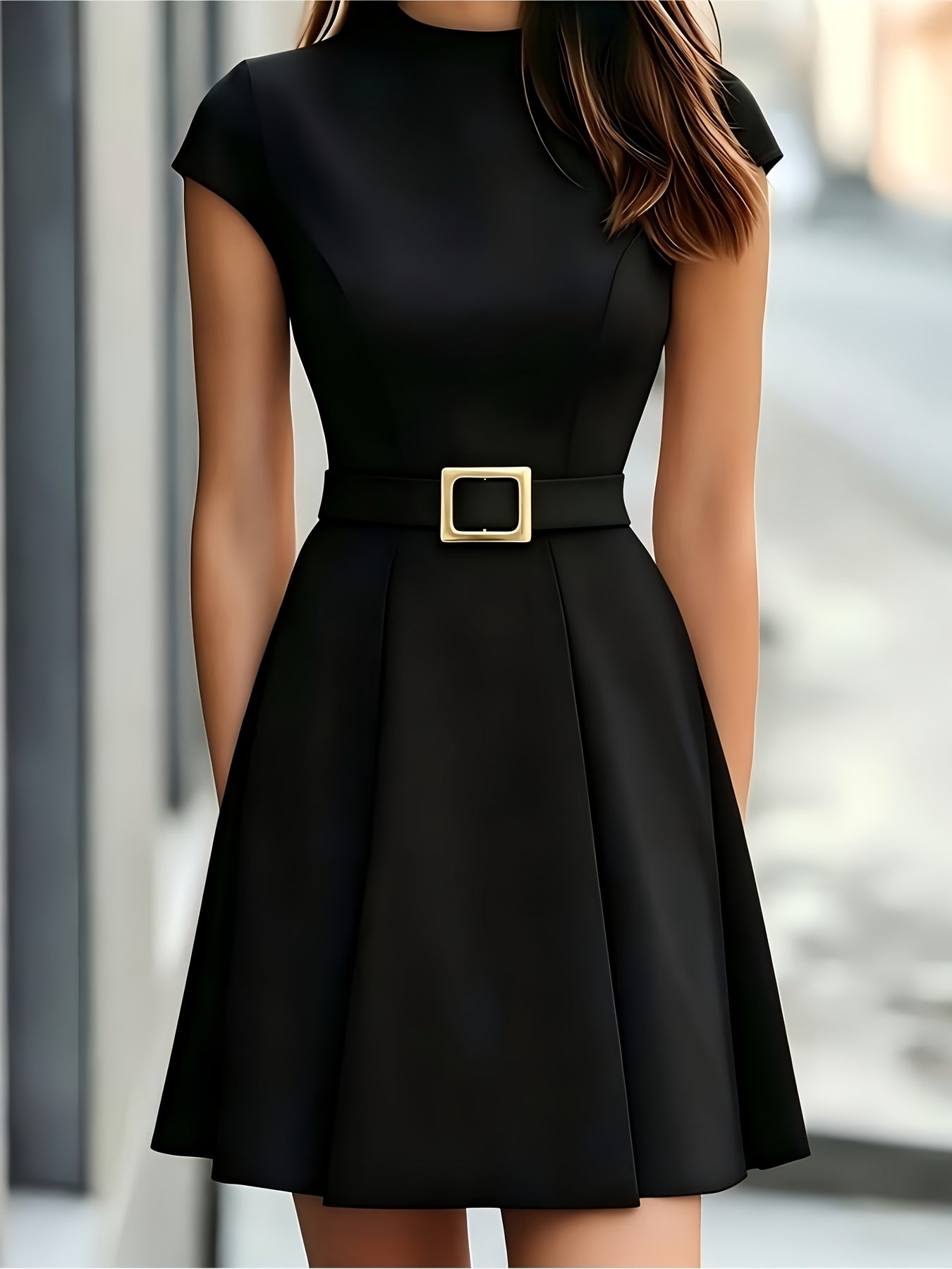 Women's Fitted Waist-Cinching Mini Dress with Belted A-Line Style