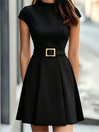 Women's Fitted Waist-Cinching Mini Dress with Belted A-Line Style