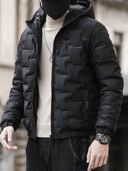 1pc Men's Heavy-Duty Winter Jacket with Hood - Stand Collar & Zippered Pockets, Grey/Black & White, Machine Washable Cold Weather Coat for Skiing, Snowboarding, Outdoor Activities (-Filled)