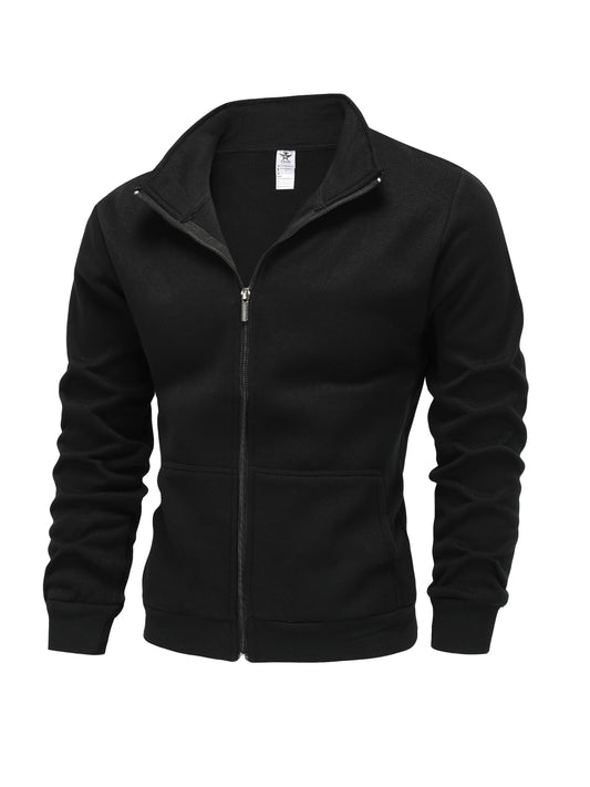 Warm High Neck Jacket, Men's Casual Slant Pocket Zip Up Athletic Jacket For Fall Winter