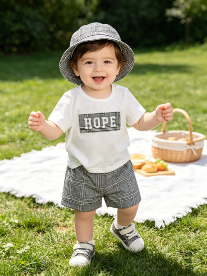 Boys' Summer Casual Shorts Set with Alphabet Tee and Hat
