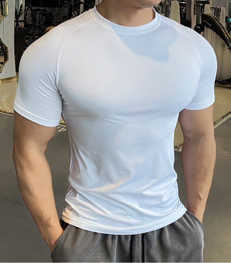 Men'S Slim-Fit Quick-Dry Athletic T-Shirt - Breathable, Stretchy, Solid Color Crew Neck Tee for Gym, Casual Summer Wear, Gym Apparel   Trendy Men'S Tee   Quickdry Materia