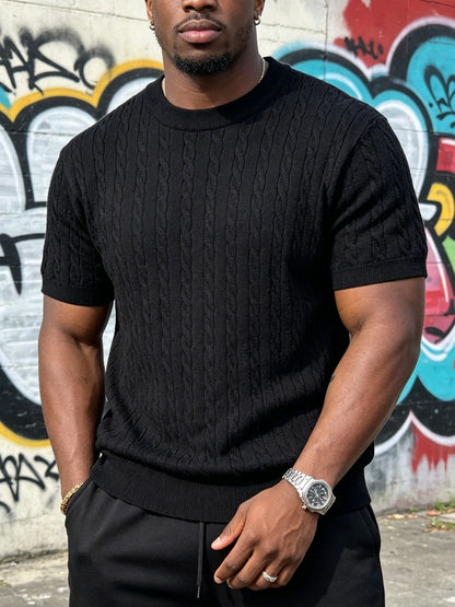 Men's Classic Cable Knit Crew Neck T-Shirt for Summer