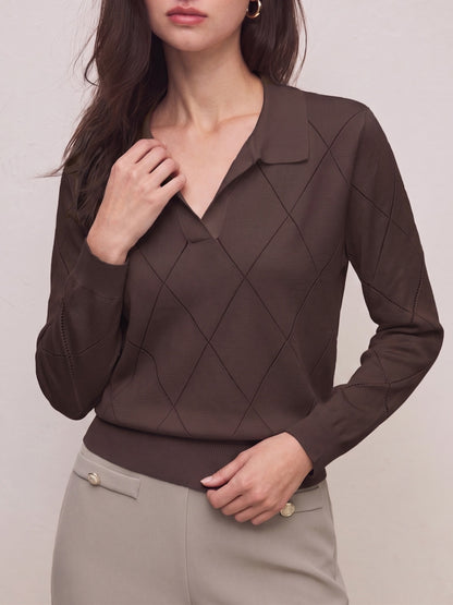 Elegant Women's Polo Neck Argyle Sweater with Loose Fit