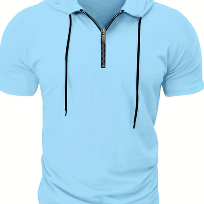 1pc Men's Light Blue Casual Hooded Short Sleeve T-Shirt with 1/4 Zipper, Breathable Stretch Fabric for Gym, Outdoor  Summer Wear, Gym Apparel, Stylish Contrast Detailing, Comfortable Fit