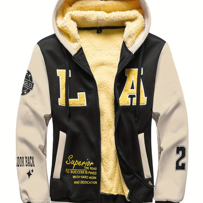 Men'S Cozy Fleece-Lined Hooded Jacket with "LA" Lettering - & Yellow Color Block, Zip-Up Casual Outerwear, Long Sleeves, Pockets, Perfect for Fall & Winter, Casual Winter Wear | Hooded Jacket | Zippered Jacket